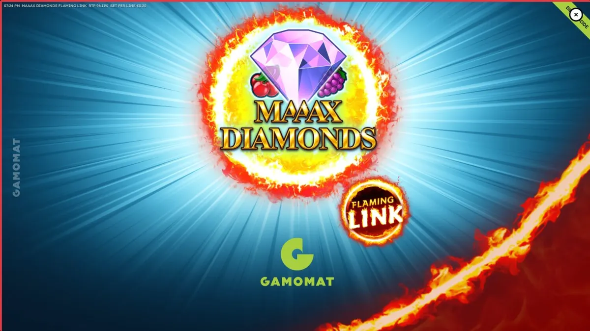 Maaax Diamonds Flaming Link slot machine interface with fiery diamond symbols