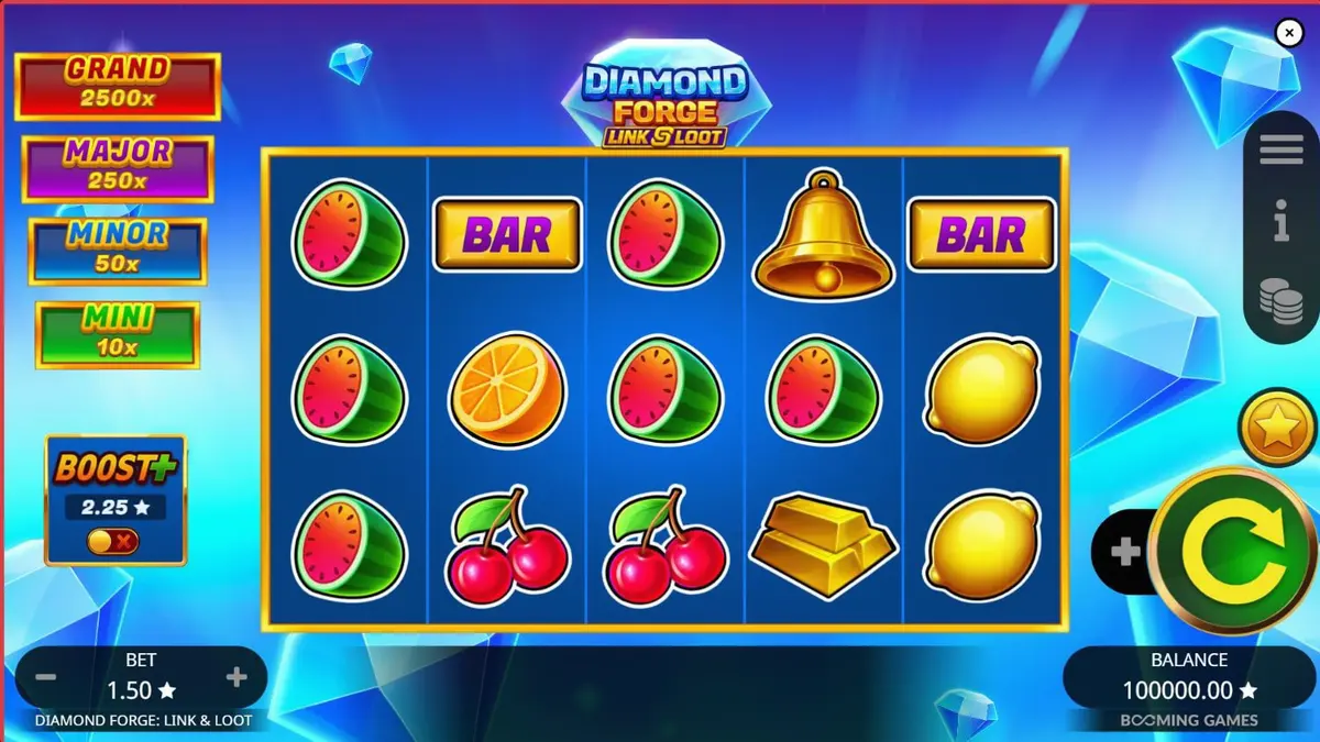 Tampilan visual slot Diamond Forge Link & Loot dengan tema buah retro dan elemen industri.
